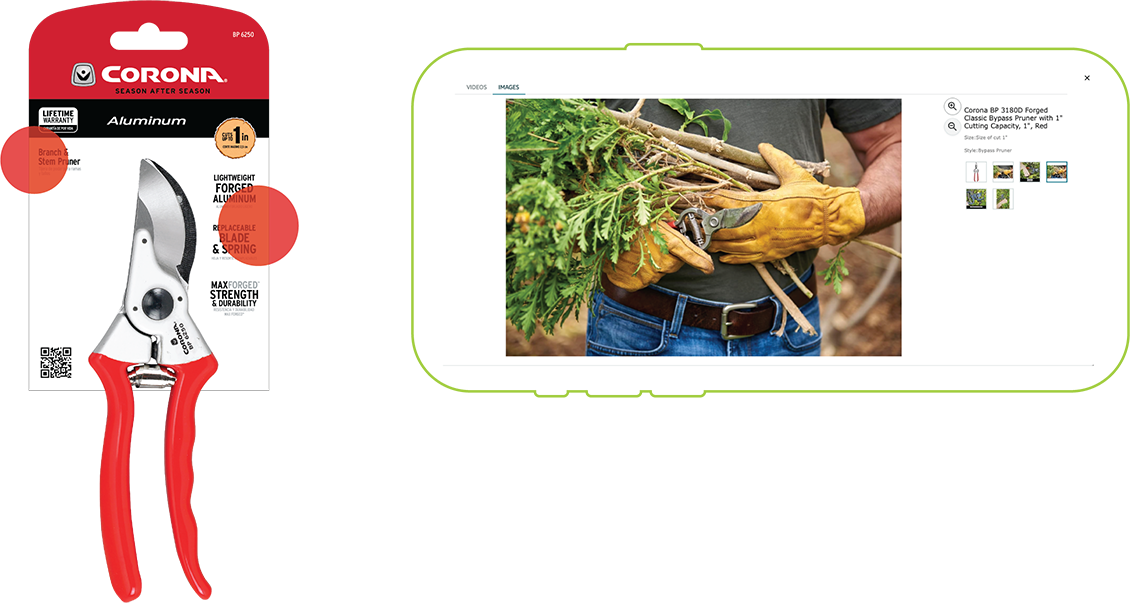 Corona pruner in packaging next to a phone screen previewing a product detail page images